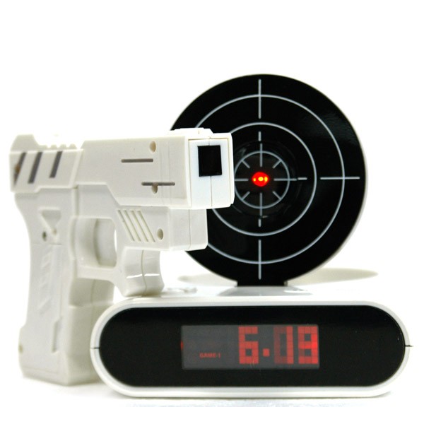 the target alarm clock is an alarm clock that requires a shot to hit ...